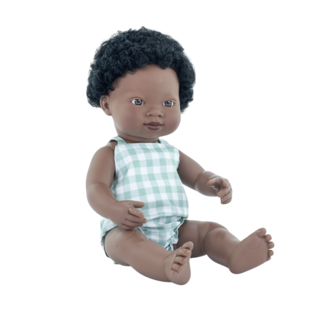Papusa baiat african 38 cm, in salopeta pepit, corp parfumat, colectia My Friends and Me - imagine 7